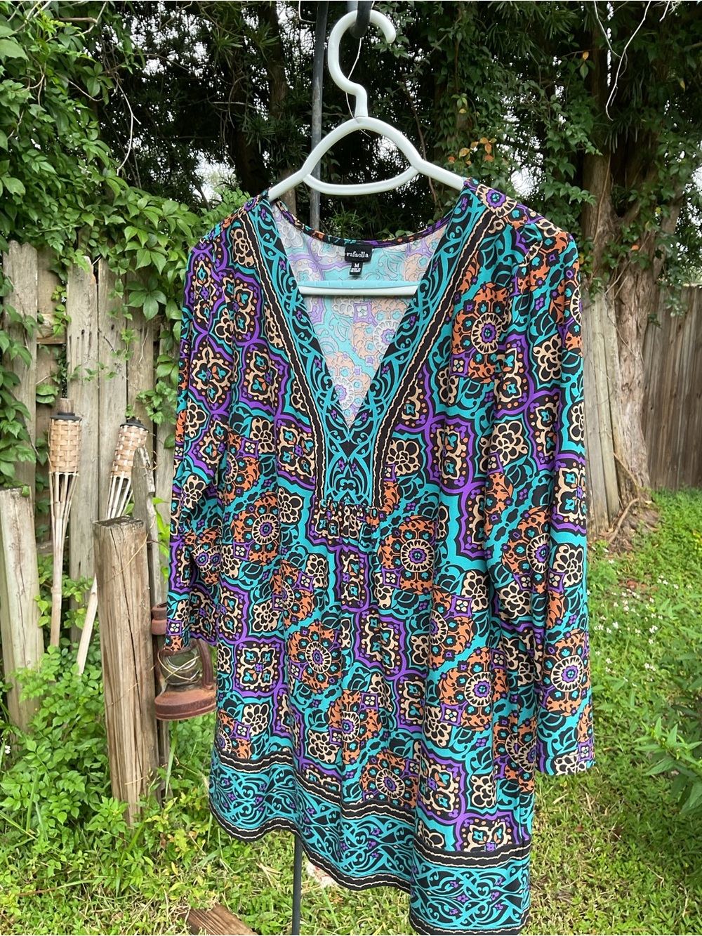 Charlie Jade Teal & Purple Printed V-Neck Tunic Top